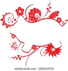 Pig vector graphic with flowers and lines.