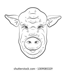 Pig vector head isolated on white background. Hog, pork, piglet, swine, boar. Farm or shop meat logo, icon, sign, emblem, symbol, stamp. Retro ink engraving style. Hand drawing illustration. Chinese