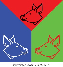 Pig Vector Icon, Lineal style icon, from Animal Head icons collection, isolated on Red, Blue and Green Background.