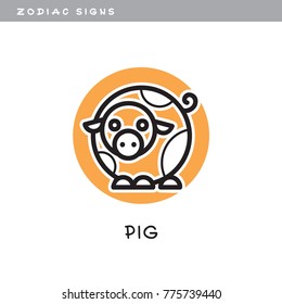 Pig - vector icon. Logo, zodiac sign, symbol of Chinese astrological calendar. 
Cute lines illustration of animal in cartoon style, isolated on white background.