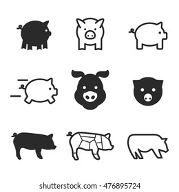 Pig vector icons. Simple illustration set of 9 pig elements, editable icons, can be used in logo, UI and web design