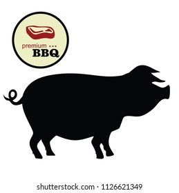 Pig vector silhouette isolated on white background. Pork meat. Butcher shop wallpaper or poster. Farm animal symbol pig. Domestic animal.