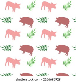 pig vector silhouette and leaves Seamless pattern on white background. Flyer design, tile, clothing and wrapping paper