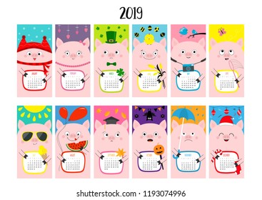 Pig vertical monthly calendar 2019. Cute funny cartoon character set. All month. Happy Valentines Christmas St Patrick day Easter Egg Bird Chicken Umbrella, rain. Santa hat, sun Flat design Vector