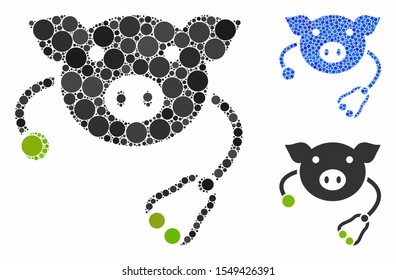 Pig veterinary mosaic of filled circles in variable sizes and color tints, based on pig veterinary icon. Vector filled circles are united into blue collage.