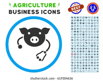 Pig Veterinary rounded icon with agriculture business glyph pack. Vector illustration style is a flat iconic symbol inside a circle, blue and gray colors. Designed for web and software interfaces.