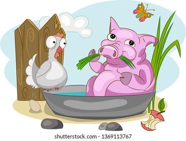 a pig in the village rests in the water
