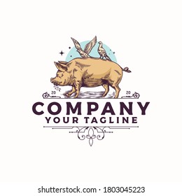 Pig vintage logo designs vector