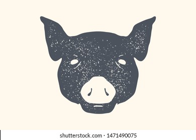 Pig. Vintage retro print, poster, banner. Black and white silhouette pig head for Butchery meat shop. Isolated silhouette pig head, meat theme. Vector Illustration