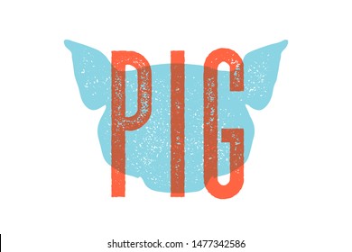 Pig. Vintage typography, lettering, retro print, poster for Butchery meat shop, pig head silhouette with lettering text Pig. Isolated silhouette pig head, meat theme. Vector Illustration