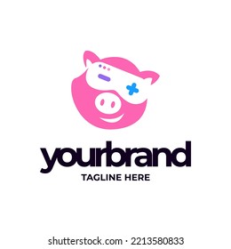 pig virtual reality games logo. Electronic 3d glasses headset illustration with animal. Colorful VR device label for cyber sport.