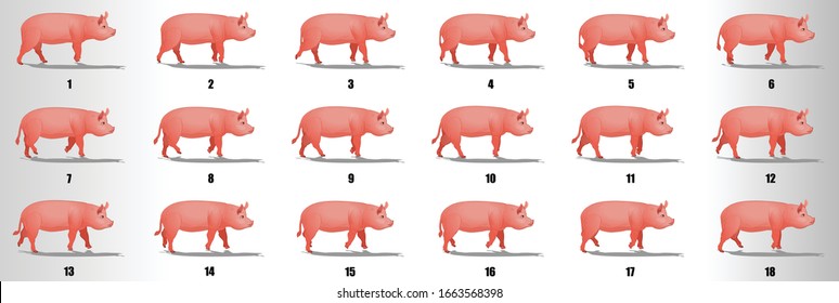 Pig walk cycle animation frames, loop animation sequence sprite sheet 