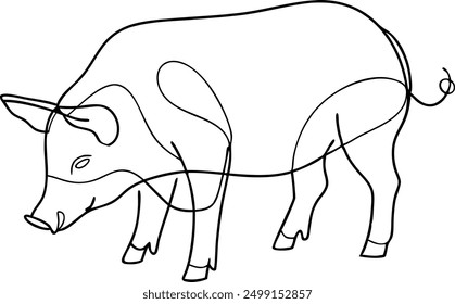 A pig is walking on a white background. The pig is drawn in a very simple and stylized way, with only its outline and basic features visible. Concept of calm and simplicity