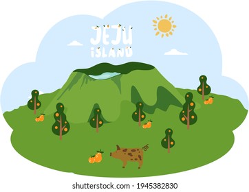 Pig walks near mountain with volcanic lake. Jeju island in South Korea, natural landscape