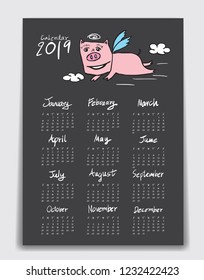 Pig wall Calendar 2019 years, Chinese calendar, Lettering calendar, hand-drawn pig cartoon vector illustration, Set of 12 Months, Week starts Sunday, Stationery, flyer, poster design, advertisement