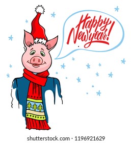 Pig in a warm knitted scarf, in a Santa's red cap. Happy new year - lettering quote. Christmas card, poster, t-shirt composition, hand drawn style print. Vector illustration.