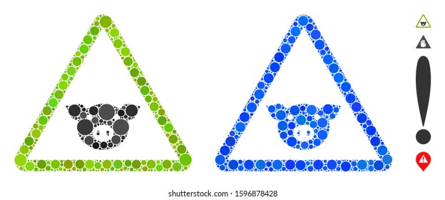 Pig warning mosaic of filled circles in variable sizes and color tinges, based on pig warning icon. Vector filled circles are combined into blue mosaic.
