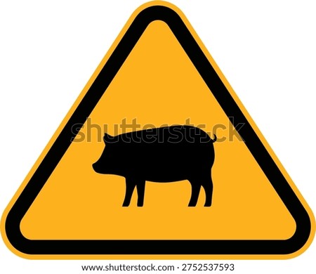 Pig warning road sign with pig silhouette inside yellow triangular caution symbol. Farm animal crossing caution traffic sign vector illustration.
