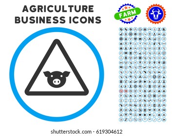 Pig Warning rounded icon with agriculture business icon package. Vector illustration style is a flat iconic symbol inside a circle, blue and gray colors. Designed for web and software interfaces.