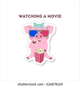 Pig watches movie. Isolated sticker on white background.