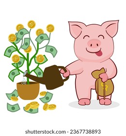 A pig is watering a money tree that grows coins in various currencies with leaves made of paper money, while its other hand holds a money bag, perfect for investment concept