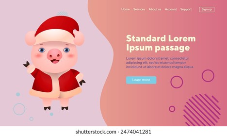 Pig waving with hand and wearing hat and winter coat. Christmas design element. Animal, New Year, holiday concept can be used for landing page, web or banner design