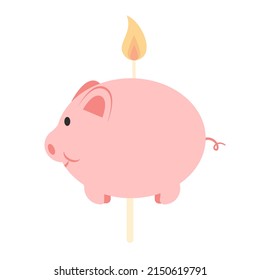 Pig wax candle for birthday decoration, birthday ornament decoration on white background, flat design of pastel birthday wax candle vector, glowing fire candlelight for party cake.