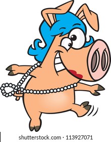 Pig wearing a blue wig and pearl necklace dancing