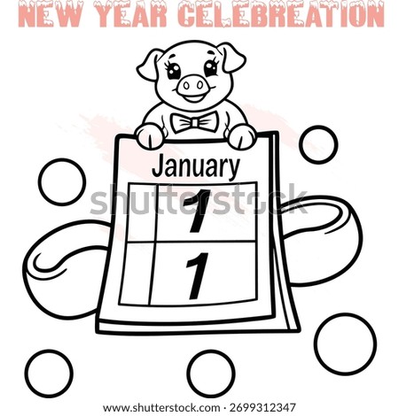 Pig wearing bow tie above January 1st calendar page for New Year celebration