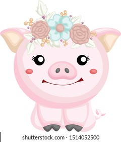 pig wearing flowers on her head