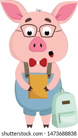 Ein Schwein mit Brille mit Notizbuch und Schultasche, Vektorgrafik, Farbzeichnung oder Illustration.