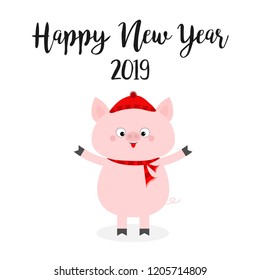 Pig wearing red hat, scarf. Happy New Year. Chinise symbol of 2019. Snowflake on tongue. Cute cartoon funny character. Flat design. White background. Isolated. Vector illustration