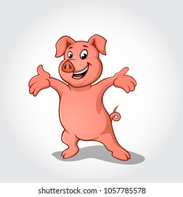 
Pig in welcoming gesture. Happy smiling pig cartoon character