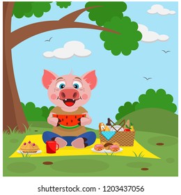 The pig went on a picnic. Vector illustration on the theme of the campaign. Symbol of 2019.