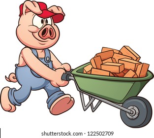 Pig with wheelbarrow. Vector clip art illustration with simple gradients. All in a single layer.