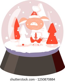 pig white and red snowball with tree, snowflakes on white background. Symbol of Chinese New Year 2019. Postcard decor for winter design