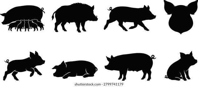 Pig and wild boar vector silhouettes set including sow with piglets, running domestic hogs, and animal head icon