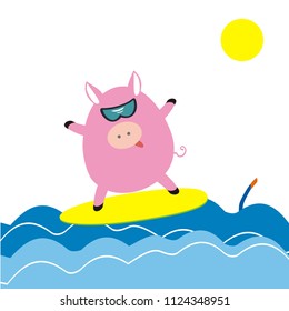 Pig Windsurfing in the sea. Vector illustration. funny vector illustration. Zodiac chinese symbol 2019. The year of the pig.