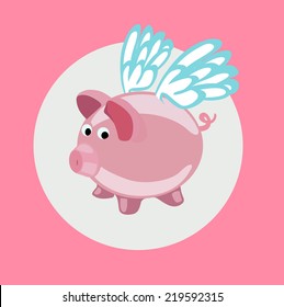 Pig With Wings Flying Flat Design Vector Icon