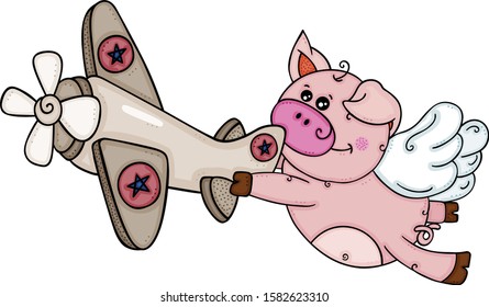 Pig with wings flying holding a  with little airplane