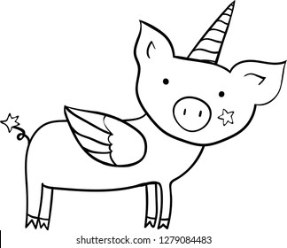 Pig with wings and horn. Cute cartoon character. Design element. Coloring book page for children. Vector illustration.