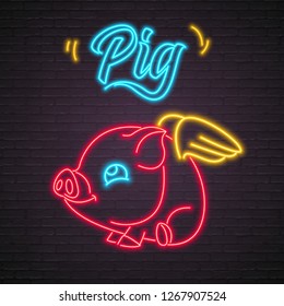 Pig with Wings Sweet Tiny Neon Light Glowing Vector Illustration with Alphabet Neon Light