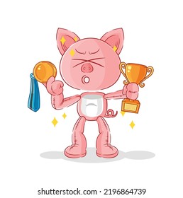 the pig winner with trophie. cartoon character