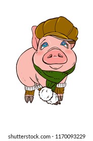 Pig in winter clothes hat and scarf, vector illustration