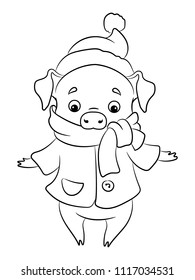 Pig in a winter coat, scarf and hat. Symbol of the new year 2019 in the Chinese calendar. Children's coloring. Vector