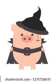 pig witch, Halloween, costume festival. Pig in a witch costume. Cartoon, vector