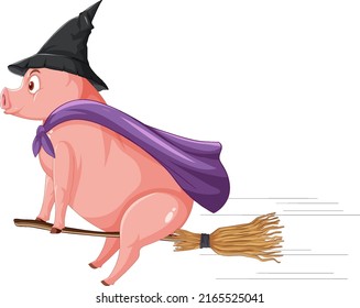 A pig witch riding a broomstick illustration