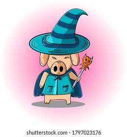 pig wizard holding a skeleton headed staff