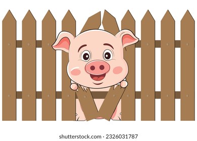 pig with wood fence flat cartoon style, piglets escape from the farm, pet logo design, vector illustration