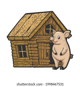 pig and wooden house color line art sketch engraving vector illustration. T-shirt apparel print design. Scratch board imitation. Black and white hand drawn image.